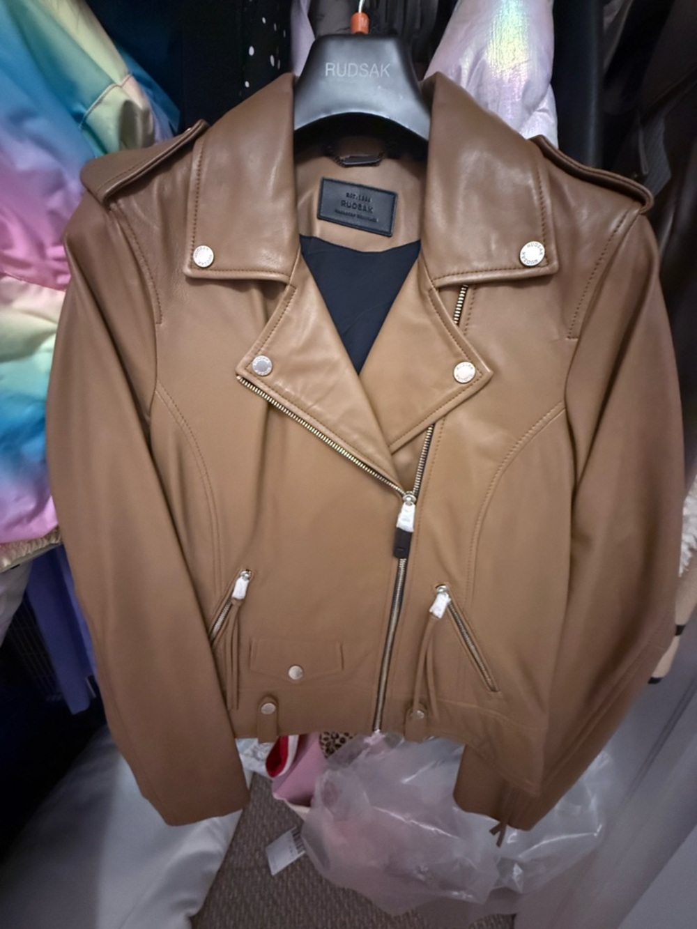 RUDSAK Women's Caramel Brown Leather Moto Jacket